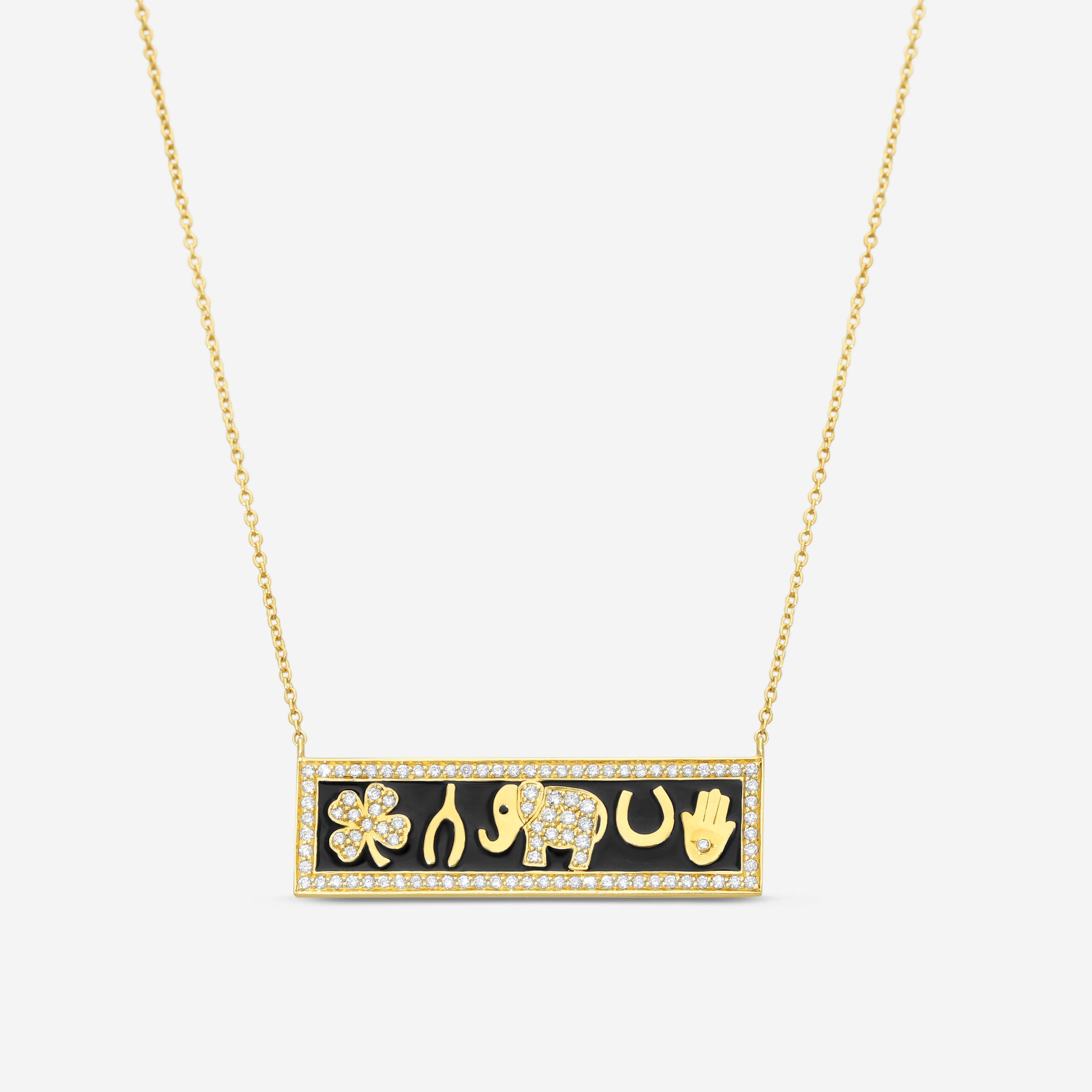 Sydney Evan Luck Enamel Tableau 14K Yellow Gold Diamond Bar Pendant Necklace NET1230BL-Y18XT