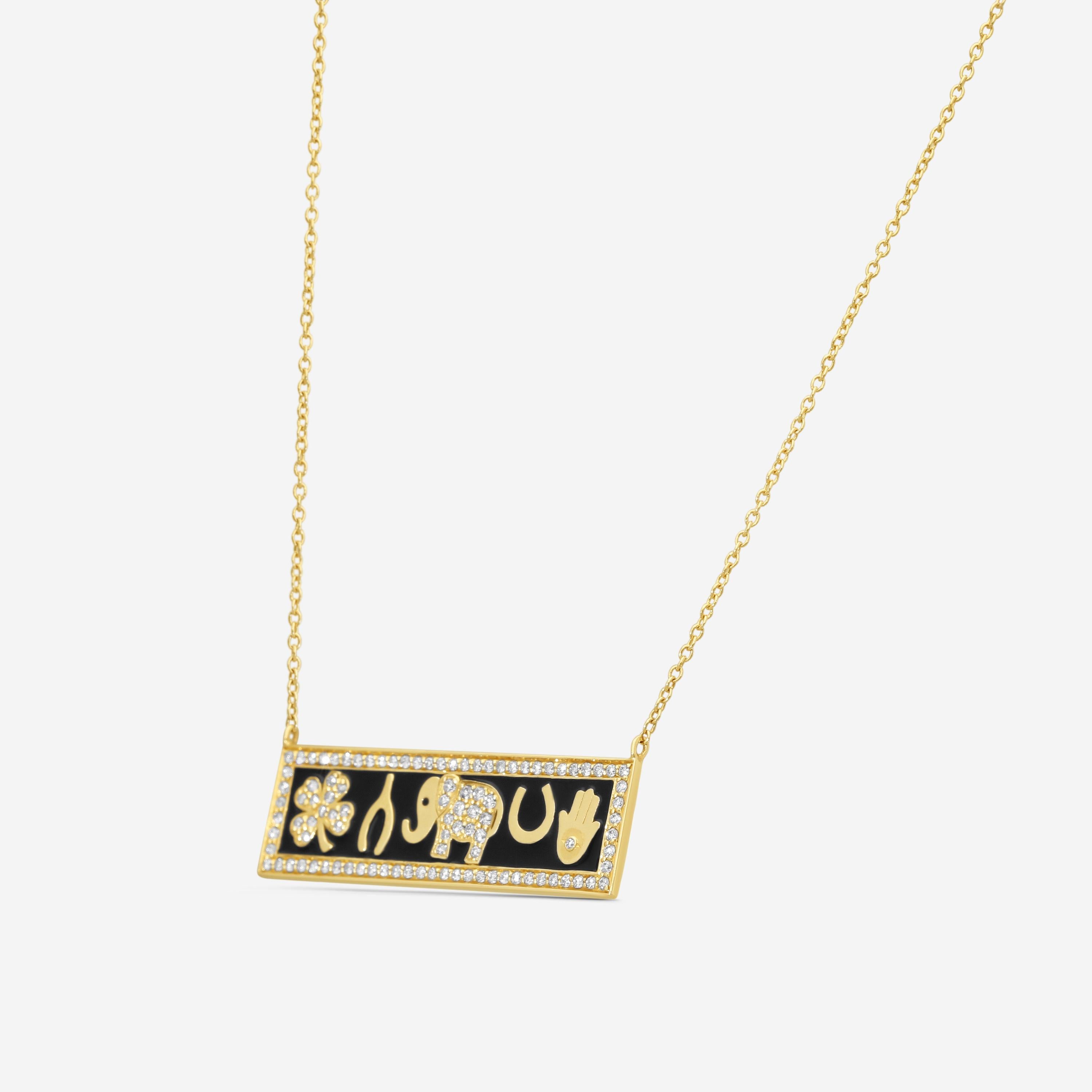 Sydney Evan Luck Enamel Tableau 14K Yellow Gold Diamond Bar Pendant Necklace NET1230BL-Y18XT