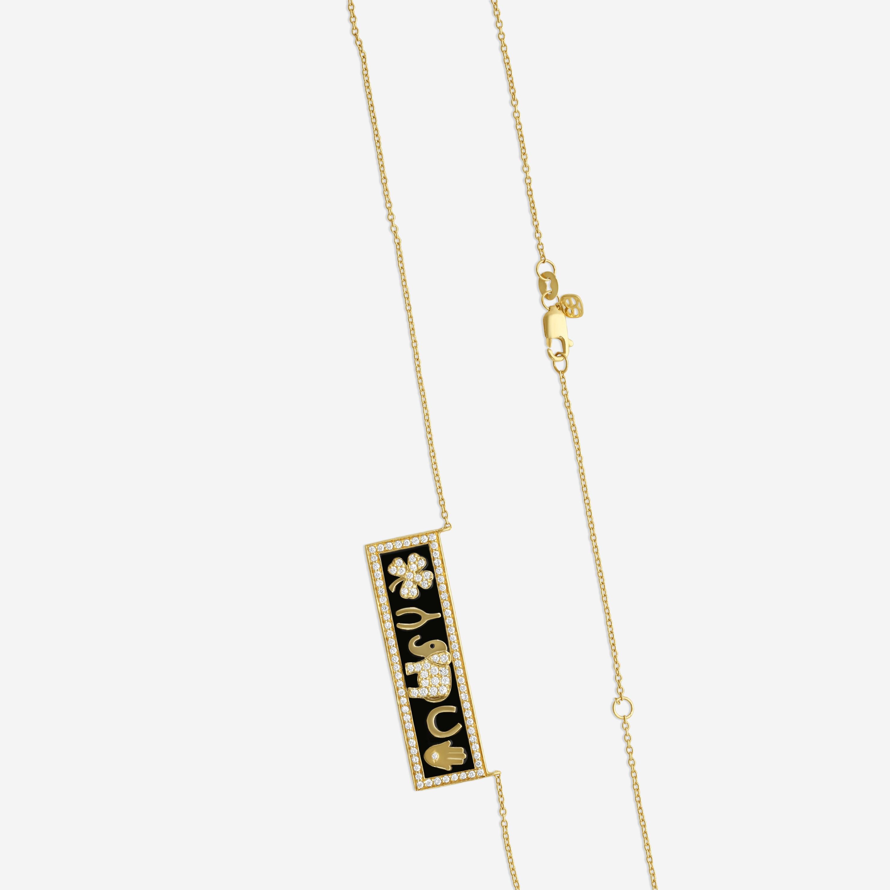 Sydney Evan Luck Enamel Tableau 14K Yellow Gold Diamond Bar Pendant Necklace NET1230BL-Y18XT