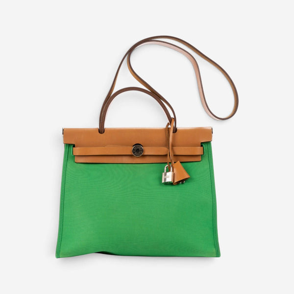 Hermès Herbag Zip Green/Tan Toile Officier Canvas Leather Bag