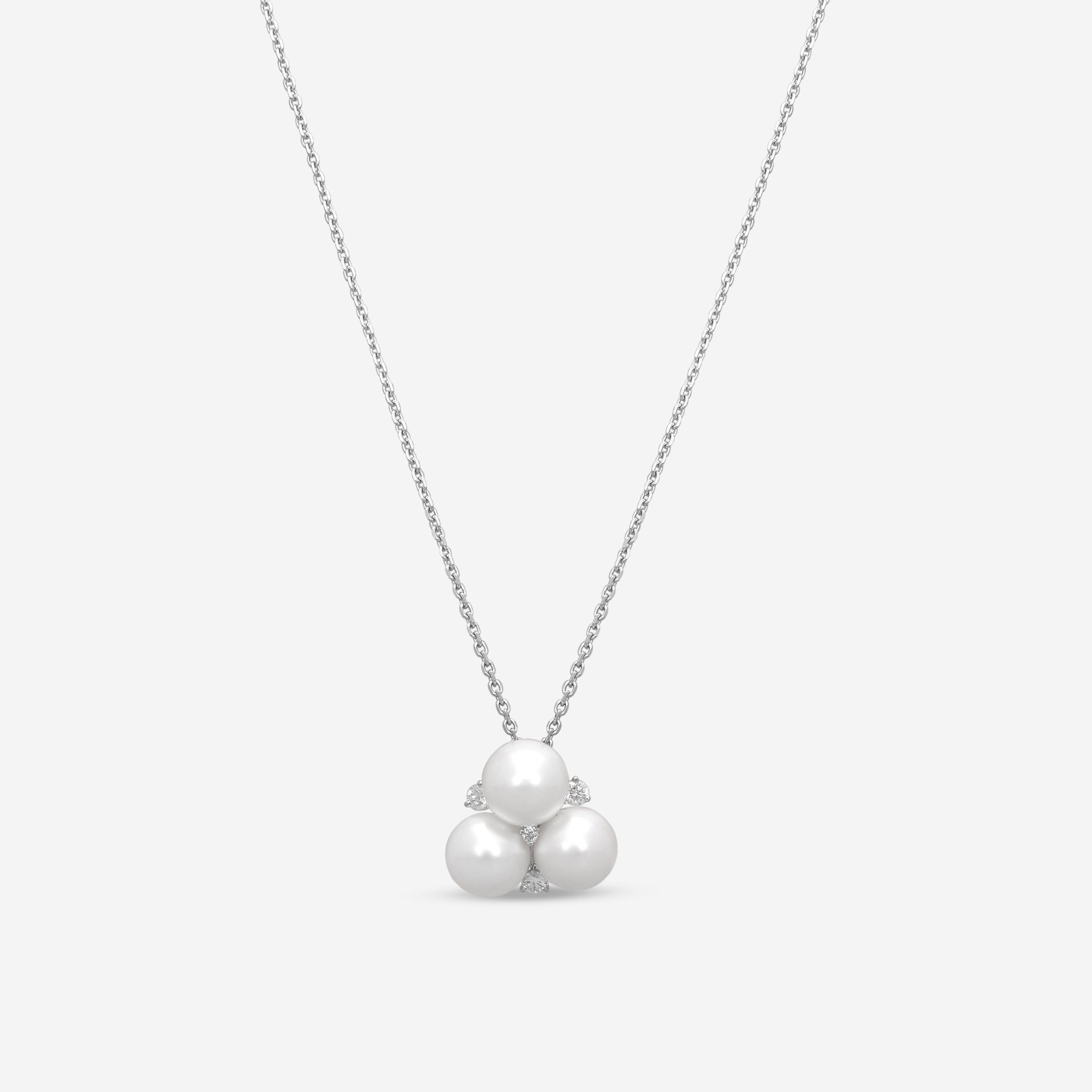 ASSAEL - Diamond & Akoya Cultured Pearl Pendant; 3 Pearls 8.0 - 9.0mm, 4 Diamonds 0.22 cts, 18KW w. Chain, 18-20''L - P3690 - THE SOLIST
