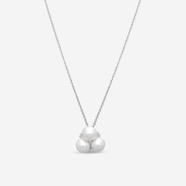 ASSAEL - Diamond & Akoya Cultured Pearl Pendant; 3 Pearls 8.0 - 9.0mm, 4 Diamonds 0.22 cts, 18KW w. Chain, 18-20''L - P3690 - THE SOLIST