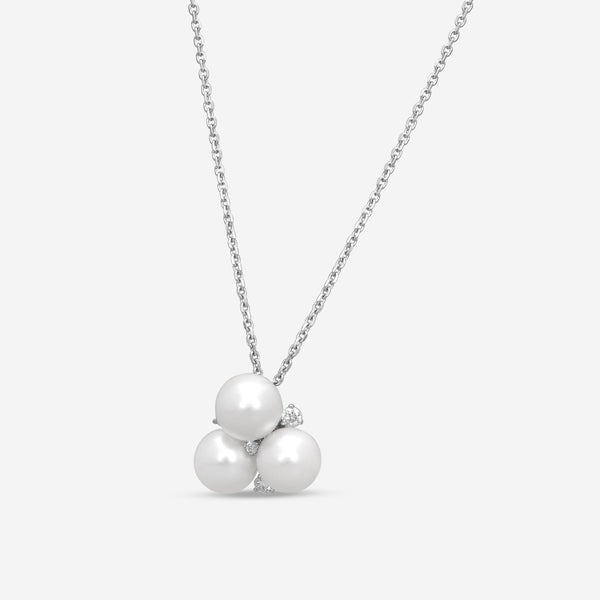 ASSAEL - Diamond & Akoya Cultured Pearl Pendant; 3 Pearls 8.0 - 9.0mm, 4 Diamonds 0.22 cts, 18KW w. Chain, 18-20''L - P3690 - THE SOLIST