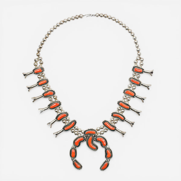 Peyote Bird Designs Navajo Sterling Silver Coral Squash Blossom Necklace PBW25N0