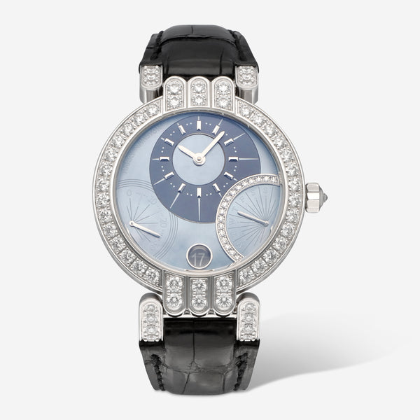 Harry Winston Premier Excenter Retrogrades 18K White Gold Diamonds 34mm Blue Mother of Pearl Automatic Watch PREABI34WW030