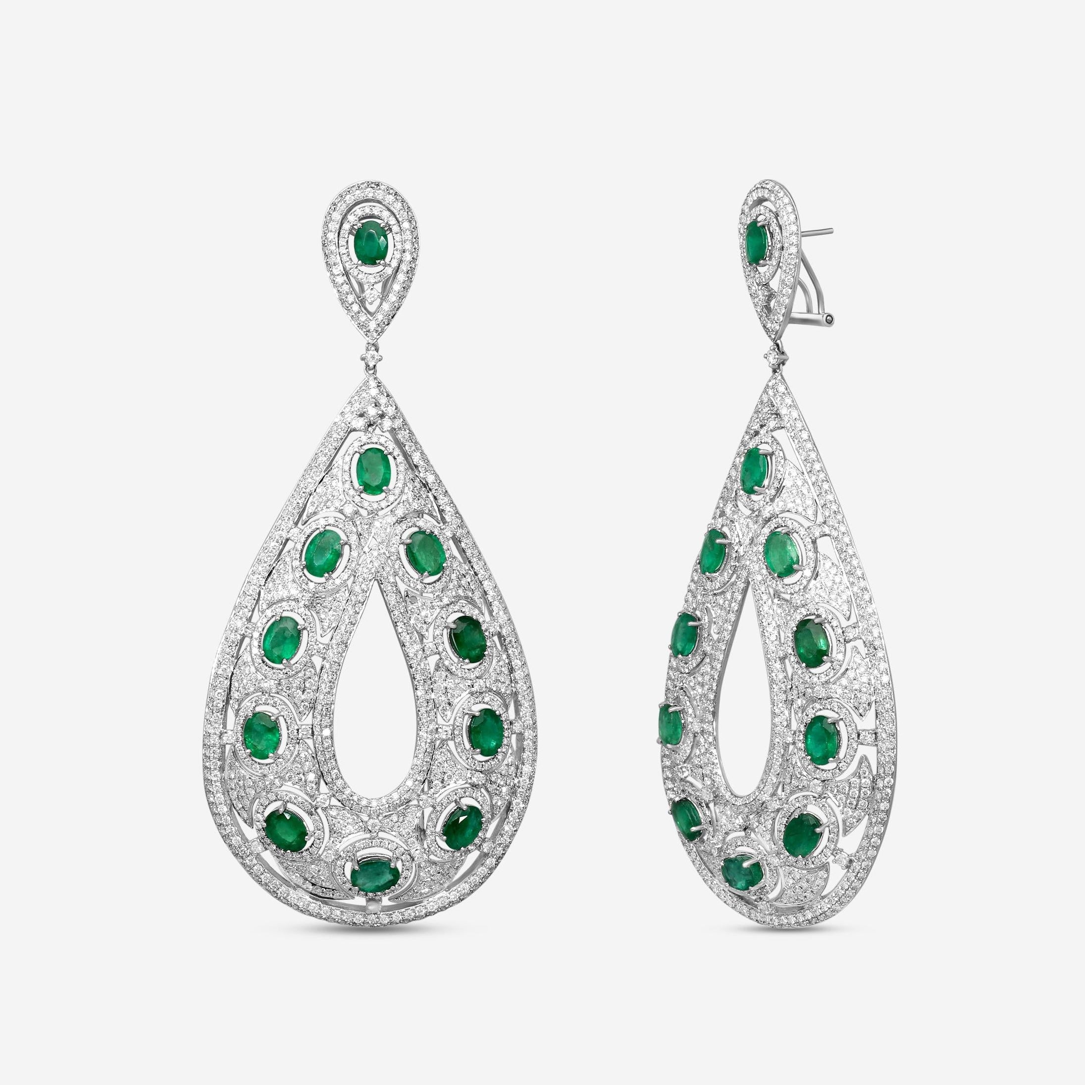 Diana M. Jewels 18K White Gold Emerald & Diamond Teardrop Drop Earrings R14038EM