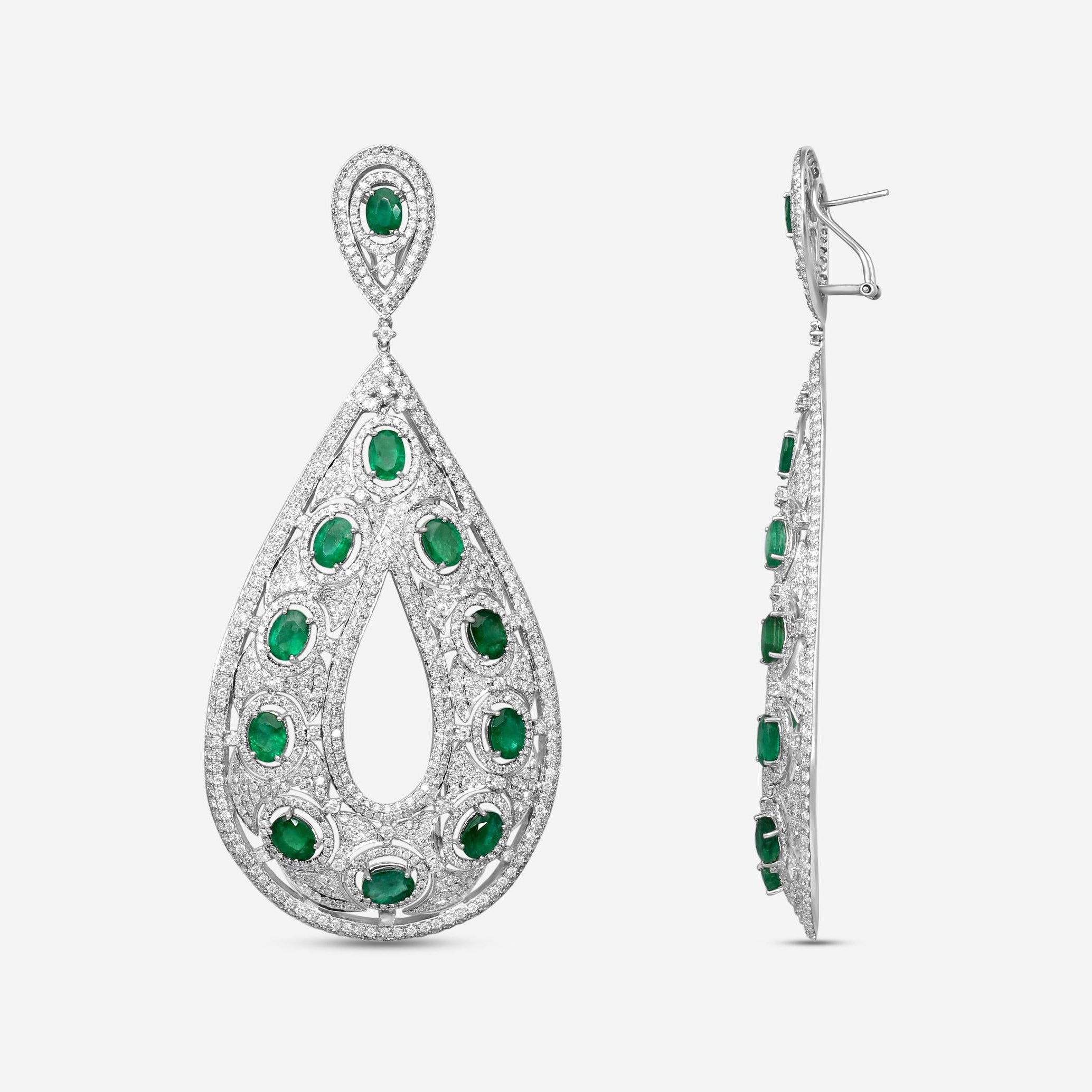 Diana M. Jewels 18K White Gold Emerald & Diamond Teardrop Drop Earrings R14038EM