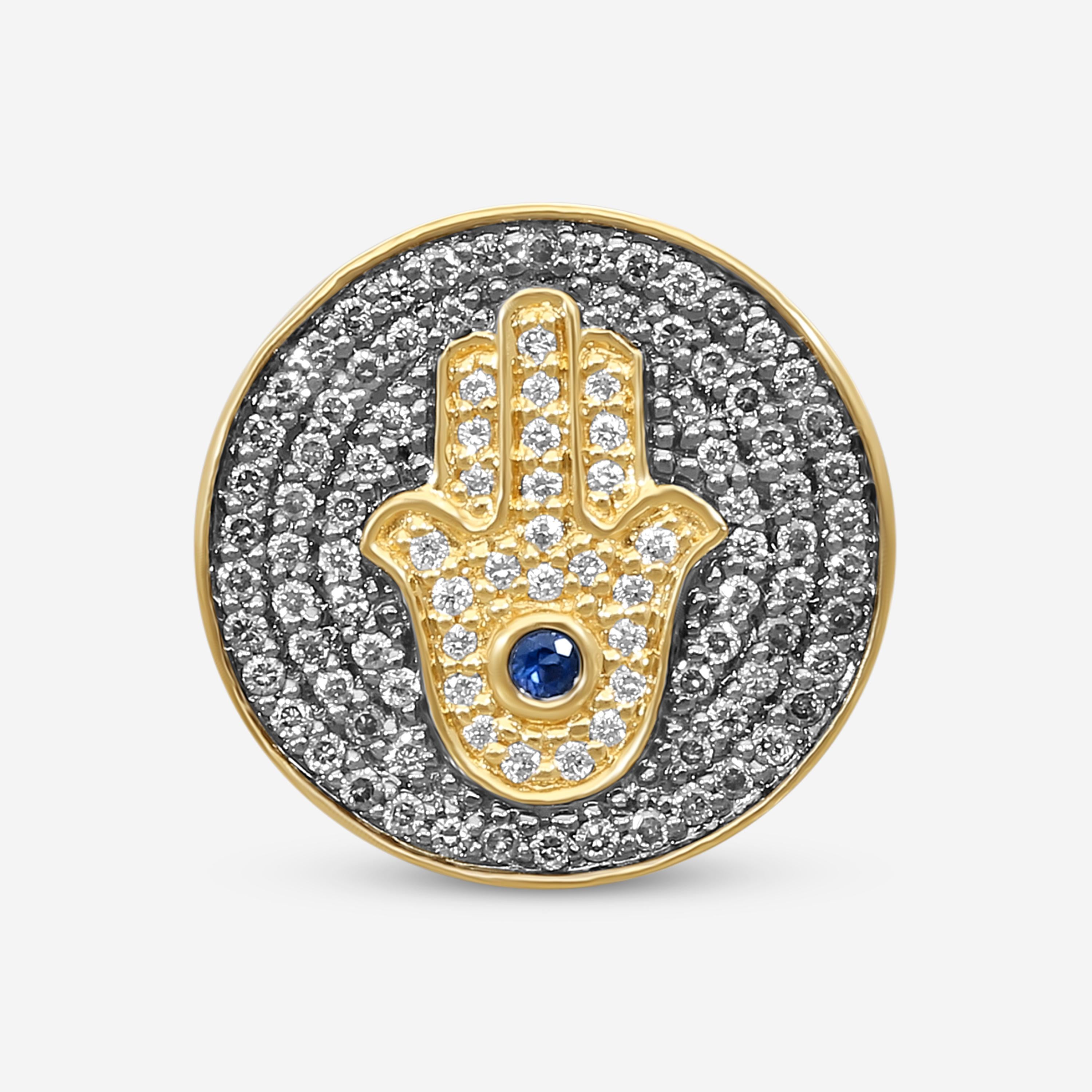 Sydney Evan Hamsa Medallion 14K Yellow Gold Diamond and Sapphire Ring Sz. 10 R27127BND-YB10