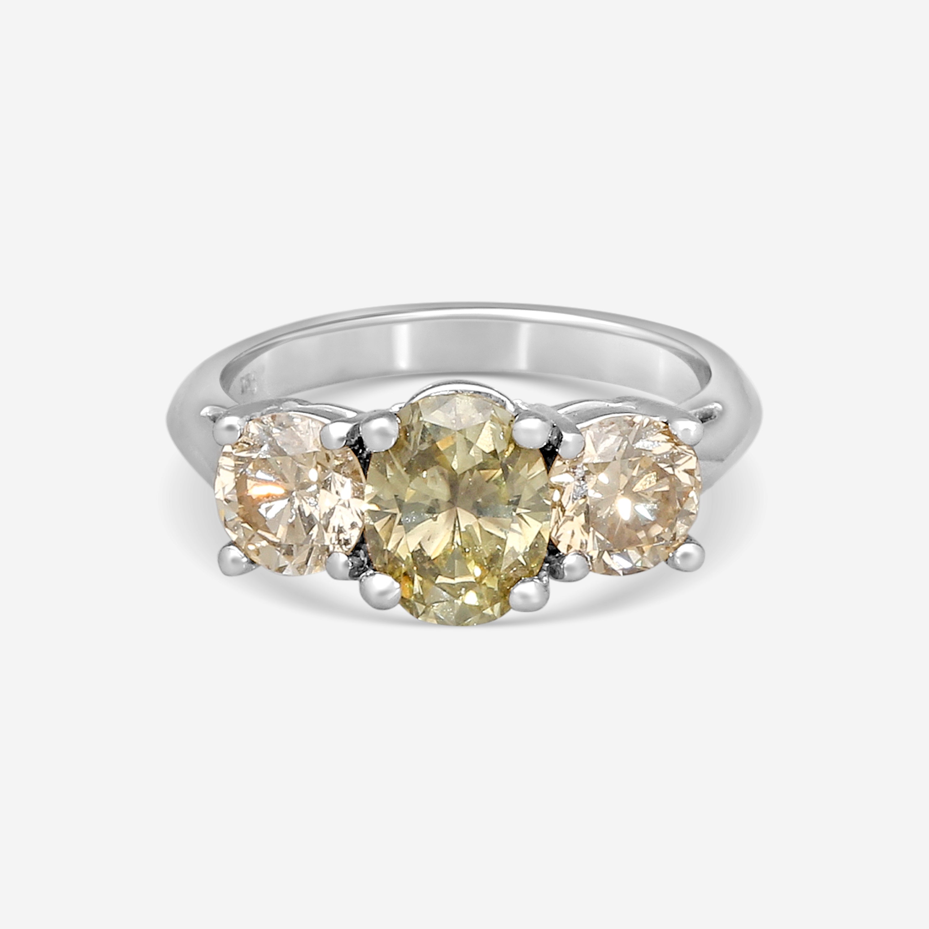 ASSAEL - Fancy Green & Brown Diamond Ring; Oval Greenish Diamond 1.25 cts, 2 Rd Brown Diamonds 1.38 cts, 18KW, Sz 6 - R2755 - THE SOLIST