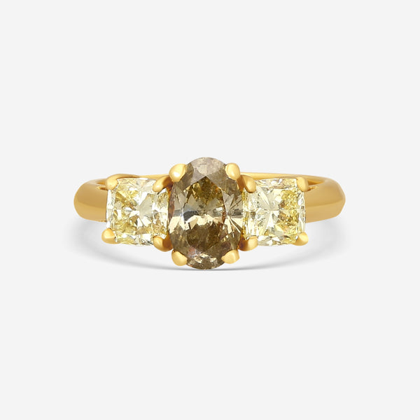 ASSAEL - Natural Fancy Dark Brown-Greenish Yellow Diamond Ring, Oval Brilliant 1.01 cts, I2, GIA Report 62039383482 w/ 2 Fancy Yellow Diamonds 1.19 dtw, 18KY, Sz 6 - R2762 - THE SOLIST