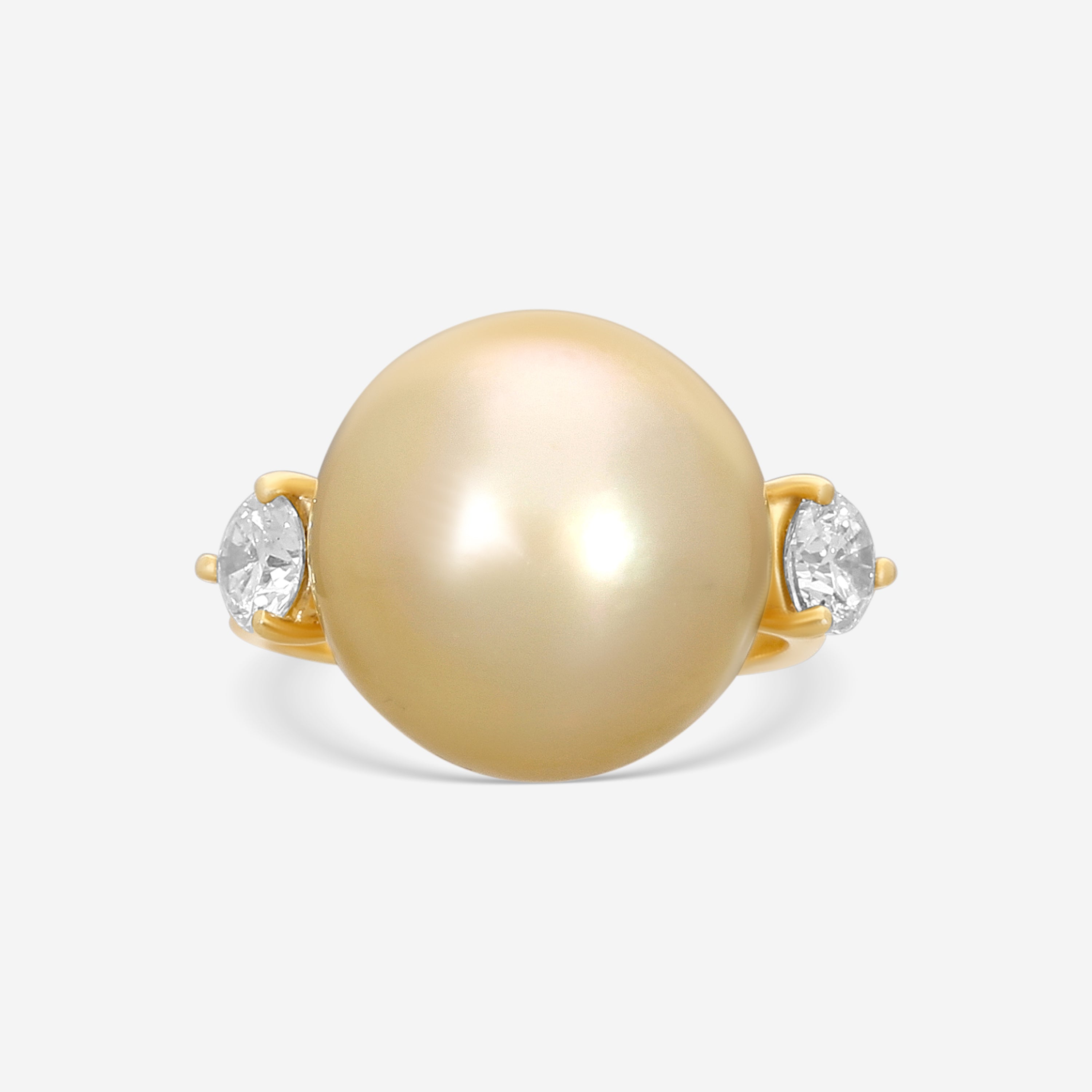 ASSAEL - Fancy  Diamond & Golden South Sea Cultured Pearl  Ring; Single Button Pearl 14.8 x 14.3mm, 2 Diamonds 0.77 cts, 18KY, Sz 6 - R2851 - THE SOLIST