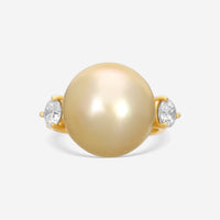 ASSAEL - Fancy  Diamond & Golden South Sea Cultured Pearl  Ring; Single Button Pearl 14.8 x 14.3mm, 2 Diamonds 0.77 cts, 18KY, Sz 6 - R2851 - THE SOLIST