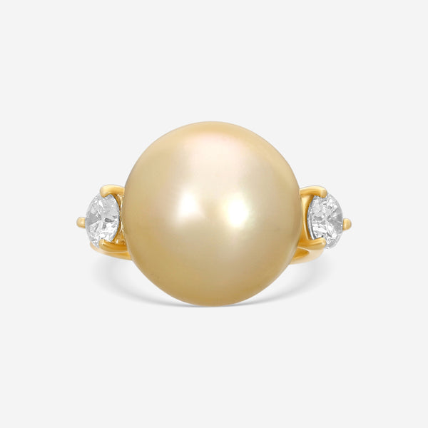ASSAEL - Fancy  Diamond & Golden South Sea Cultured Pearl  Ring; Single Button Pearl 14.8 x 14.3mm, 2 Diamonds 0.77 cts, 18KY, Sz 6 - R2851 - THE SOLIST