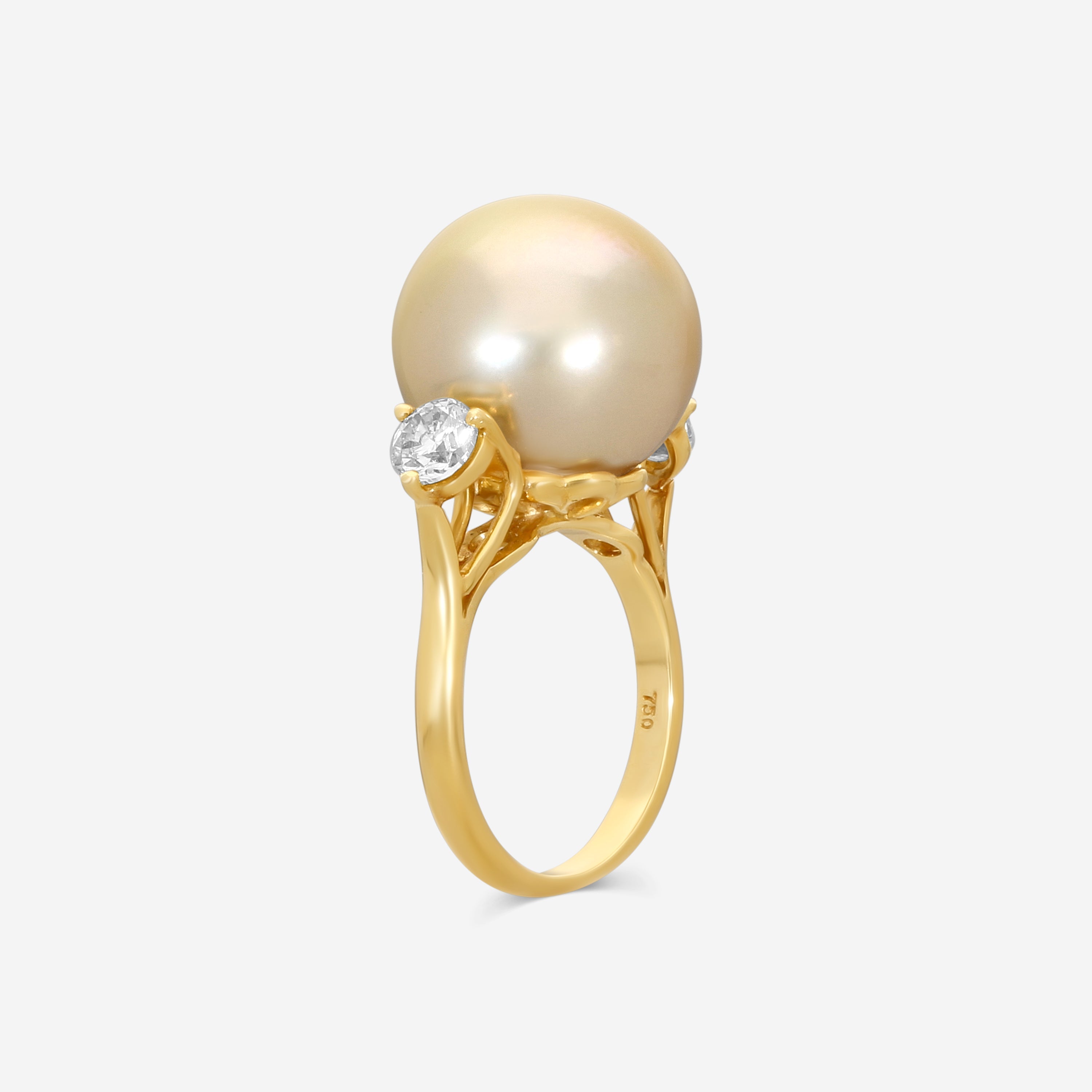 ASSAEL - Fancy  Diamond & Golden South Sea Cultured Pearl  Ring; Single Button Pearl 14.8 x 14.3mm, 2 Diamonds 0.77 cts, 18KY, Sz 6 - R2851 - THE SOLIST