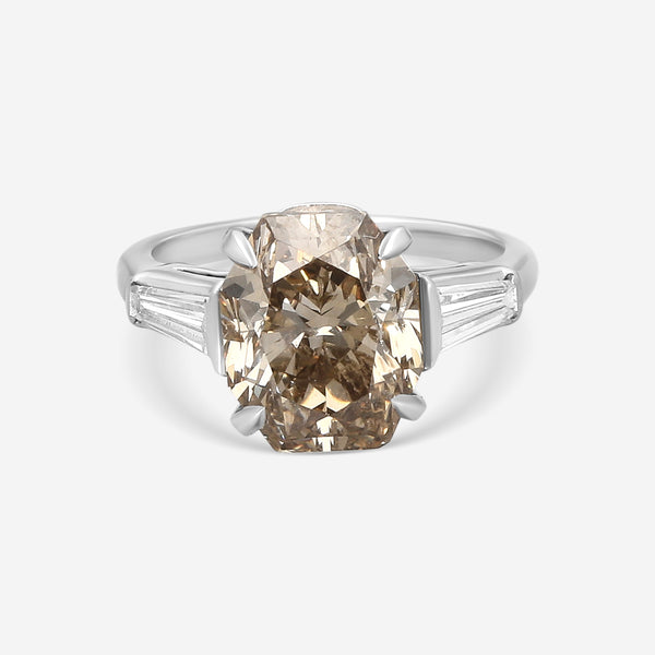 ASSAEL - Fancy Brown Diamond Ring; Single Octagonal Fancy Brown Diamond 5.05 cts, 2 Tapered Baguette Diamonds 0.70 ct, Platinum, Sz 5.5 - R2945 - THE SOLIST