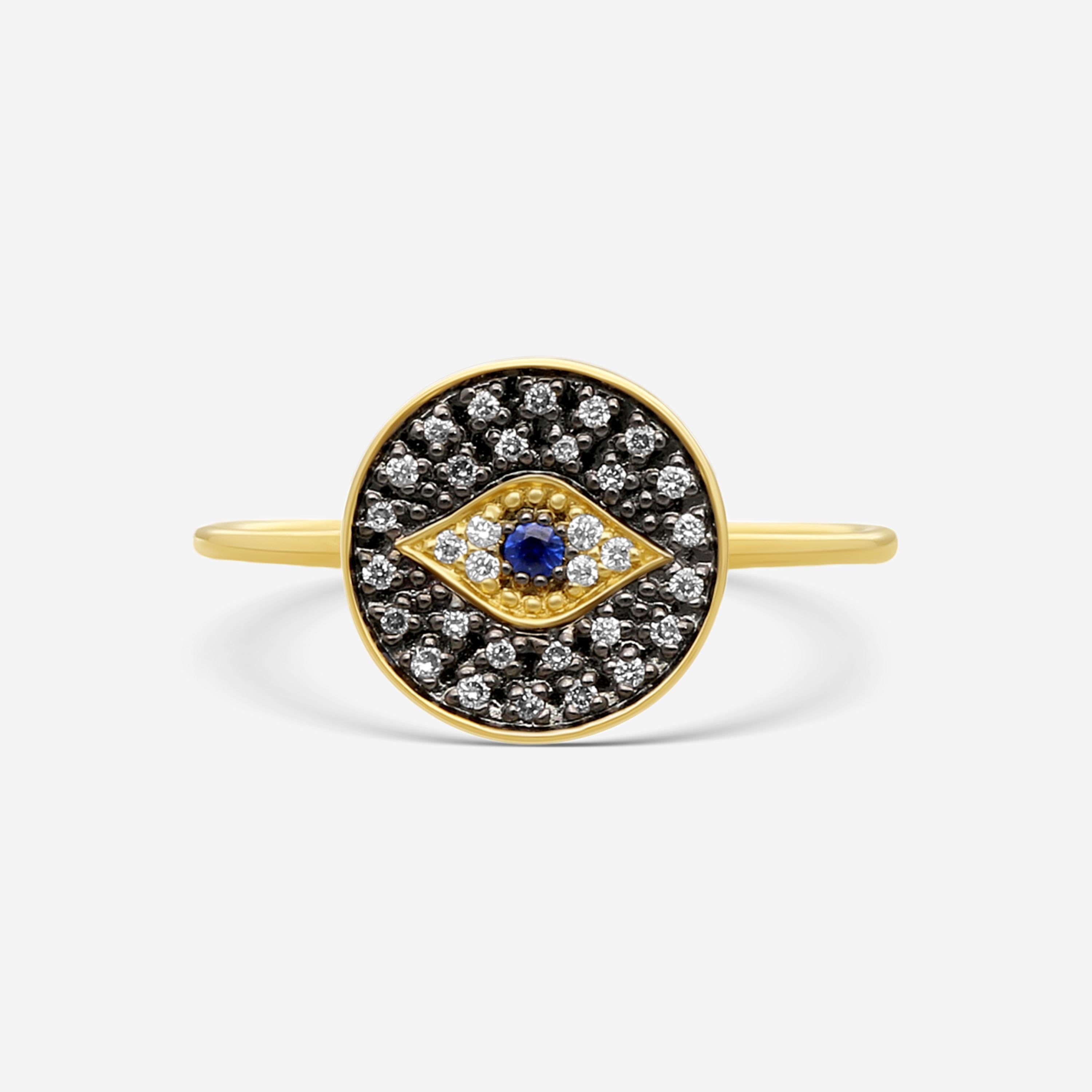 Sydney Evan Pavé Small Protective Eye Medallion 14K Yellow Gold Diamond & Sapphire Ring Sz. 6.5 R35432BND-YB6.5
