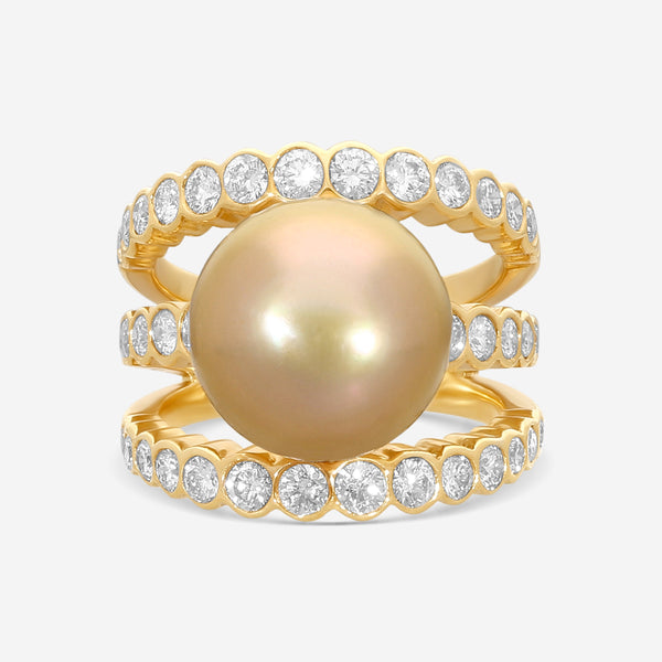 ASSAEL - Diamond & Golden South Sea Cultured Pearl Ring; Single Button Pearl 12.8 X 11.7mm, 38 Diamonds 1.72 cts, 18KY, Sz 6 - R4237 - THE SOLIST