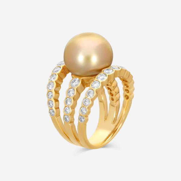 ASSAEL - Diamond & Golden South Sea Cultured Pearl Ring; Single Button Pearl 12.8 X 11.7mm, 38 Diamonds 1.72 cts, 18KY, Sz 6 - R4237 - THE SOLIST