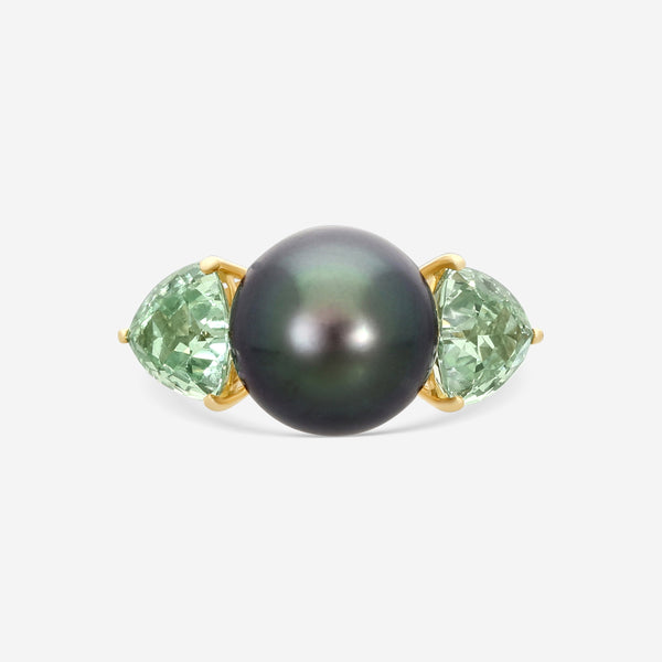 ASSAEL - Mint Garnet & Tahitian Natural Color Cultured Pearl Ring; Single Button Pearl 13.2 X 12.5mm, 2 Barion Cut Triangular Mint Garnets 5.73 cts, 18KY - RCO-TGT00005 - THE SOLIST