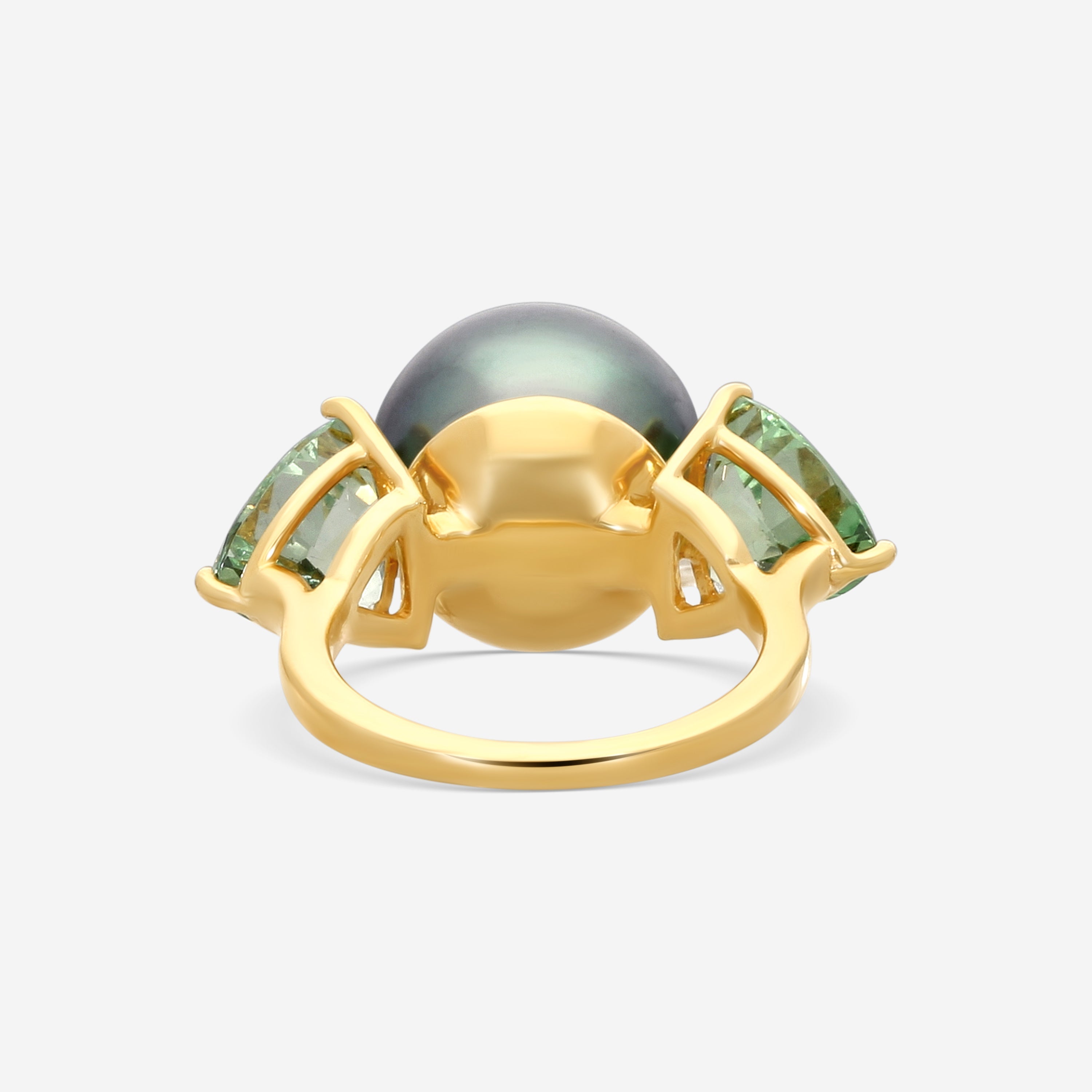 ASSAEL - Mint Garnet & Tahitian Natural Color Cultured Pearl Ring; Single Button Pearl 13.2 X 12.5mm, 2 Barion Cut Triangular Mint Garnets 5.73 cts, 18KY - RCO-TGT00005 - THE SOLIST