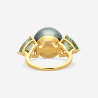 ASSAEL - Mint Garnet & Tahitian Natural Color Cultured Pearl Ring; Single Button Pearl 13.2 X 12.5mm, 2 Barion Cut Triangular Mint Garnets 5.73 cts, 18KY - RCO-TGT00005 - THE SOLIST