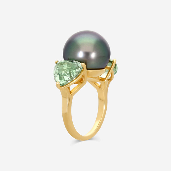 ASSAEL - Mint Garnet & Tahitian Natural Color Cultured Pearl Ring; Single Button Pearl 13.2 X 12.5mm, 2 Barion Cut Triangular Mint Garnets 5.73 cts, 18KY - RCO-TGT00005 - THE SOLIST