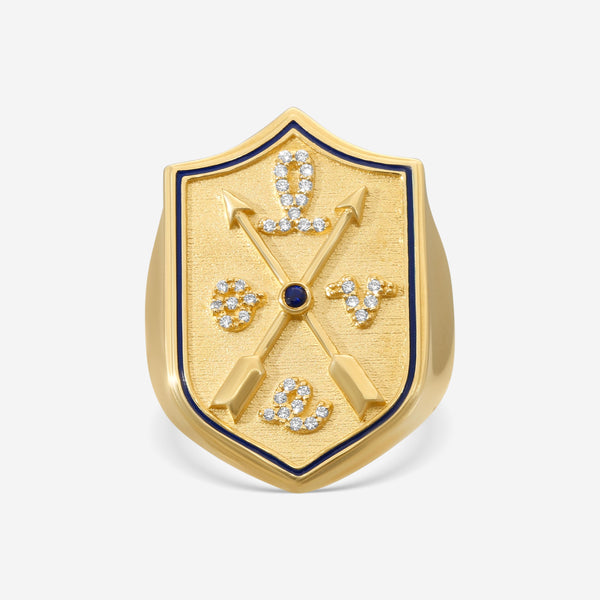 Sydney Evan Love Script Enamel Crest 14K Yellow Gold Diamond and Sapphire Ring Sz. 7 RKE1379SNA-Y7 - THE SOLIST