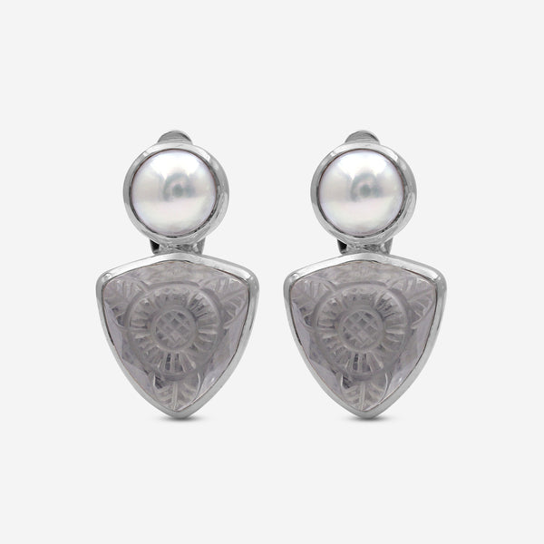 Stephen Dweck Sterling Silver White Pearl Hand Carved Natural Quartz and Mother of Pearl Clip Earrings SDE-32012 - THE SOLIST