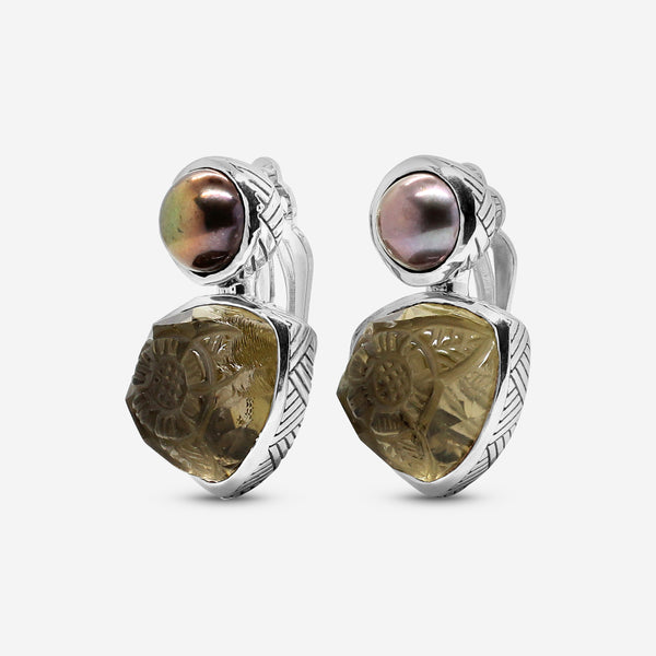 Stephen Dweck Sterling Silver, Golden Pearl and Hand Carved Smoky Quartz Clip Earrings SDE-32045