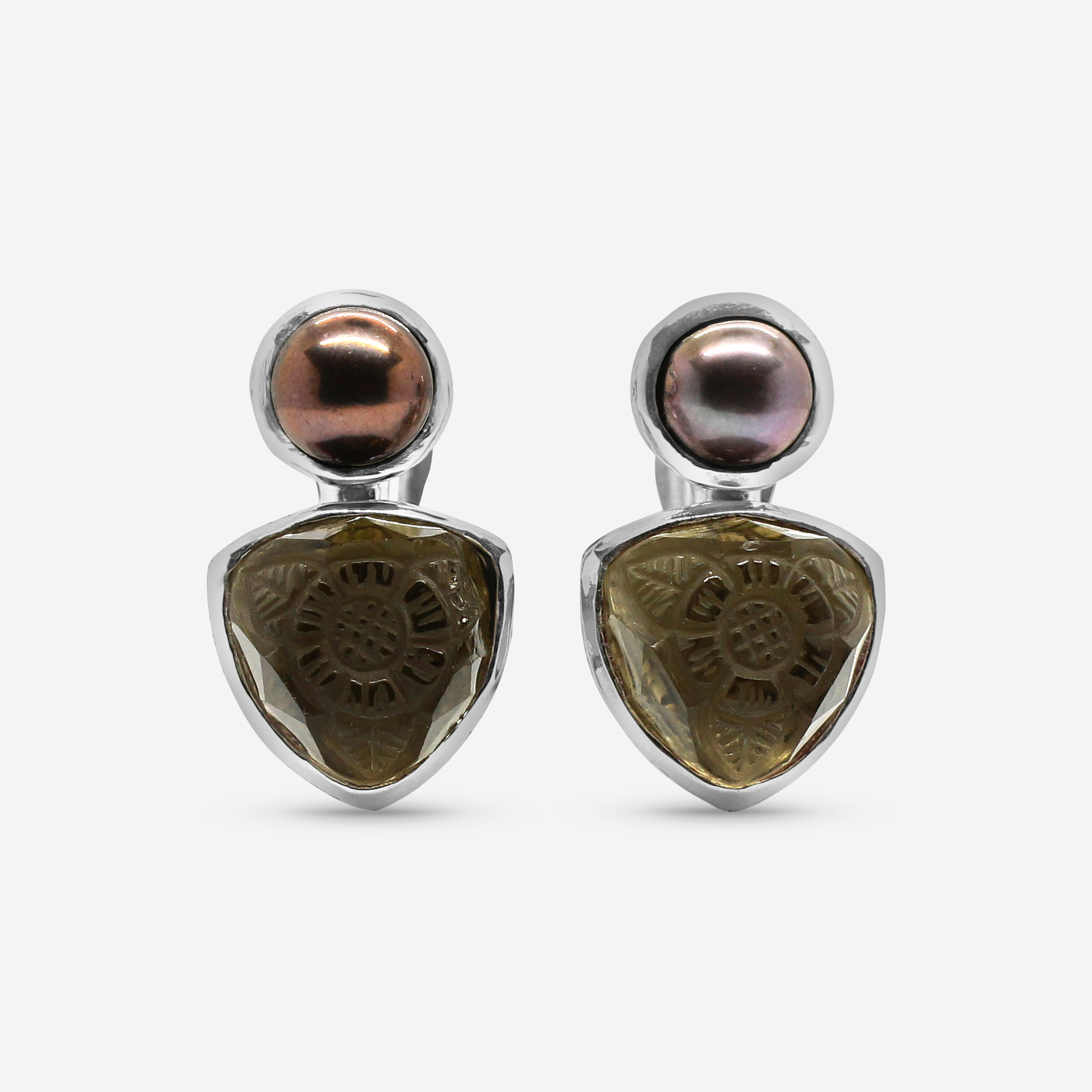 Stephen Dweck Sterling Silver, Golden Pearl and Hand Carved Smoky Quartz Clip Earrings SDE-32045