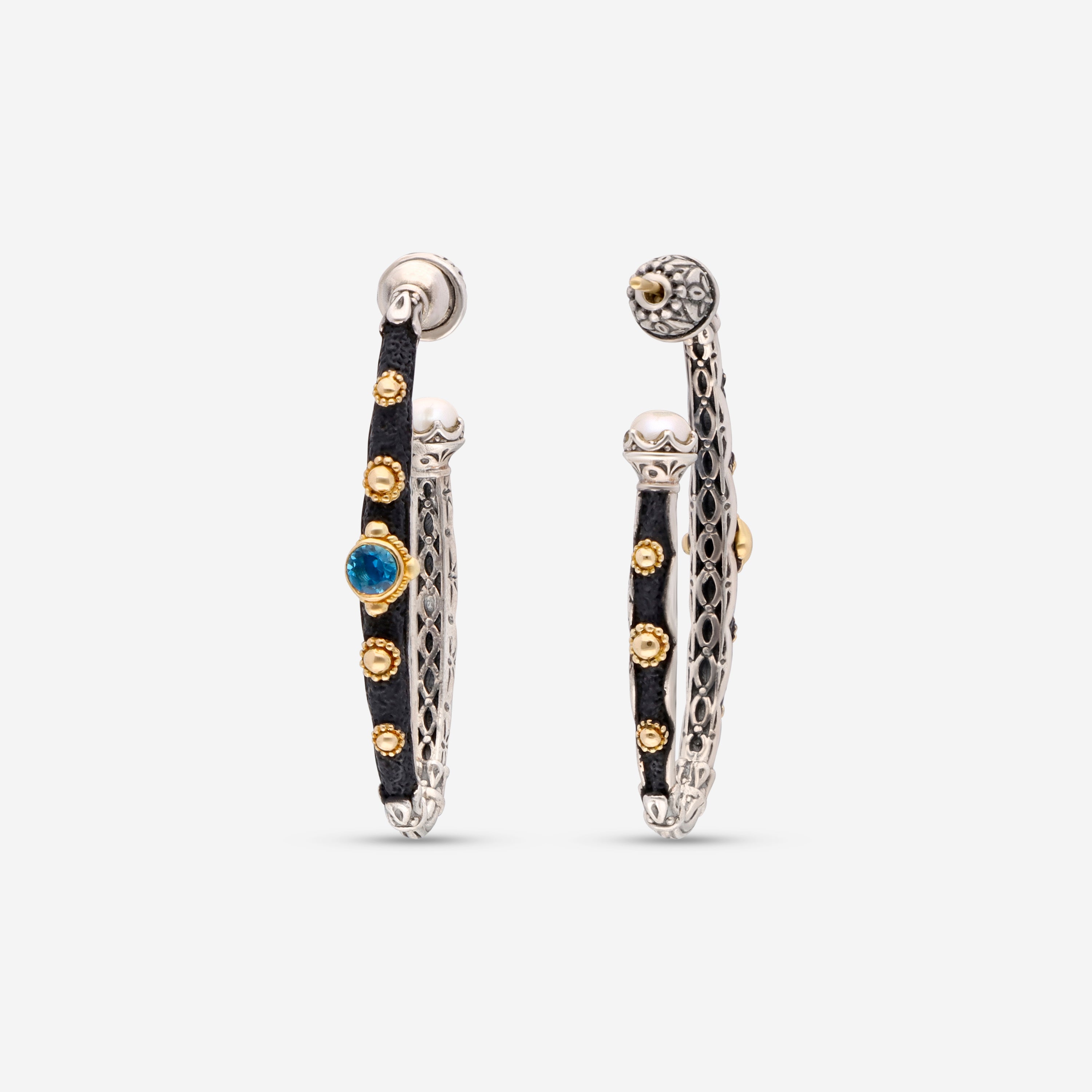 Konstantino Nemesis Sterling Silver and 18K Yellow Gold, London Blue Topaz and Pearl Earrings SKMK3124-317-CUT