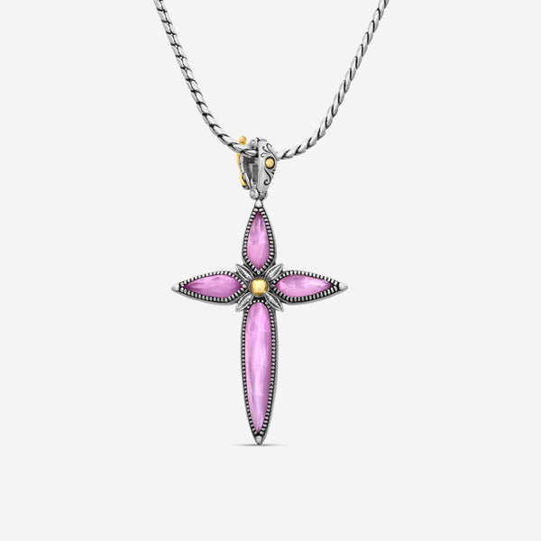 "KONSTANTINO - ""Gen K 2"" Sterling Silver & 18k Yellow Gold, Pink Corundum Cross (COR: 11.35mm x25mm 4&5mm) - STKJ424-652  Pendant Dimensions: 2.25 x 0.38 in. S/S Chain Included:CHKJ22-131-18 (Length - 18in.)" - THE SOLIST