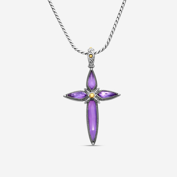 "KONSTANTINO - ""Gen K 2"" Sterling Silver & 18k Yellow Gold, Amethyst Cross (AMY: 11.35mm x25mm 4&5mm) - STKJ424-653  Pendant Dimensions: 2.25 x 0.38 in. S/S Chain Included:CHKJ22-131-18 (Length - 18in.)" - THE SOLIST