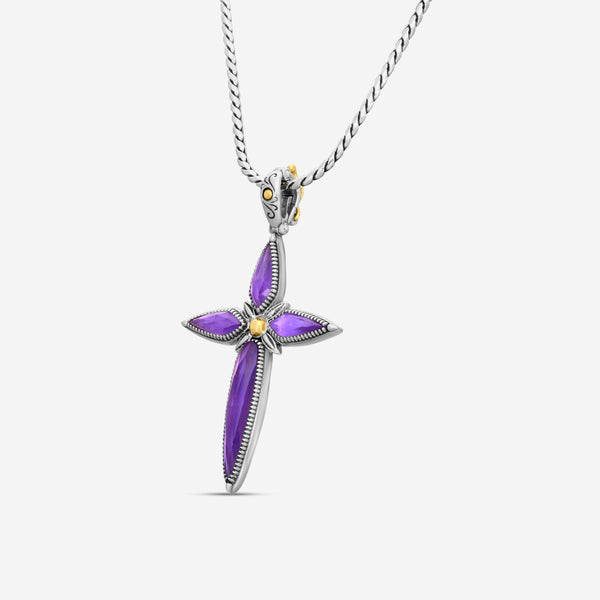 "KONSTANTINO - ""Gen K 2"" Sterling Silver & 18k Yellow Gold, Amethyst Cross (AMY: 11.35mm x25mm 4&5mm) - STKJ424-653  Pendant Dimensions: 2.25 x 0.38 in. S/S Chain Included:CHKJ22-131-18 (Length - 18in.)" - THE SOLIST