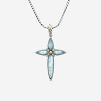 "KONSTANTINO - ""Gen K 2"" Sterling Silver & 18k Yellow Gold, Aquamarine Cross (AQM: 11.35mm x25mm 4&5mm) - STKJ424-655  Pendant Dimensions: 2.25 x 0.38 in. S/S Chain Included:CHKJ22-131-18 (Length - 18in.)" - THE SOLIST