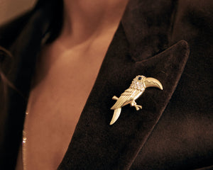 Gold toucan brooch on black jacket lapel