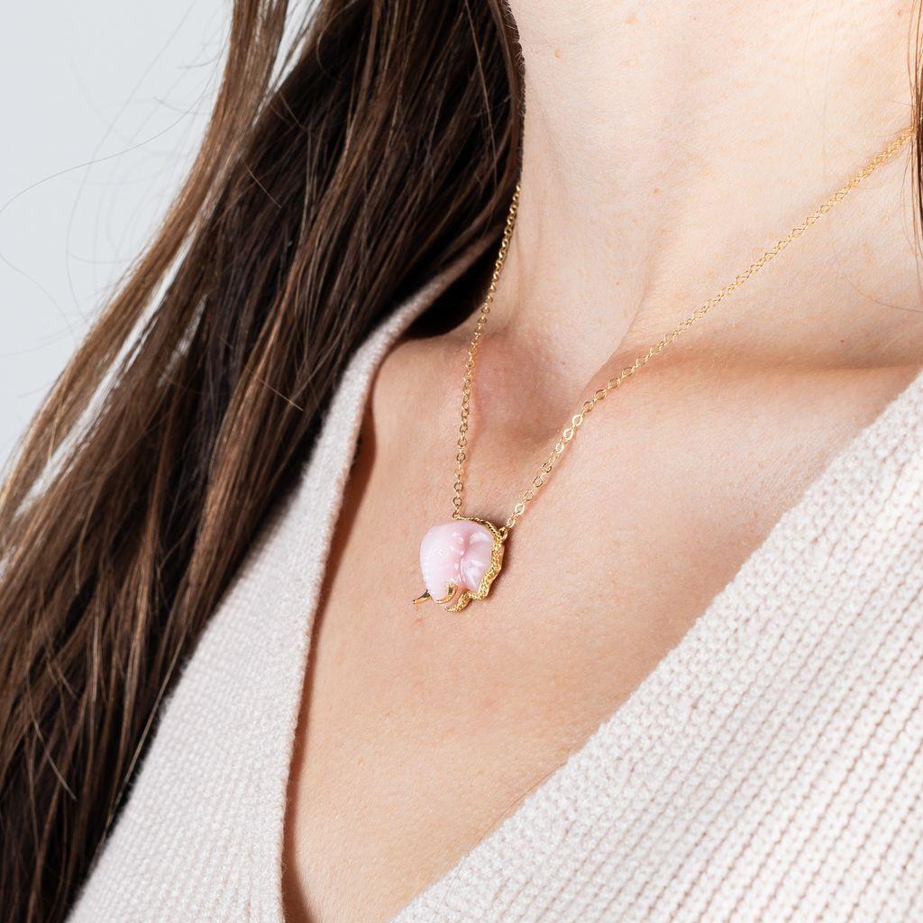 Amáli One of a Kind 18K Yellow Gold Pink Opal Elephant Pendant Necklace N-3437