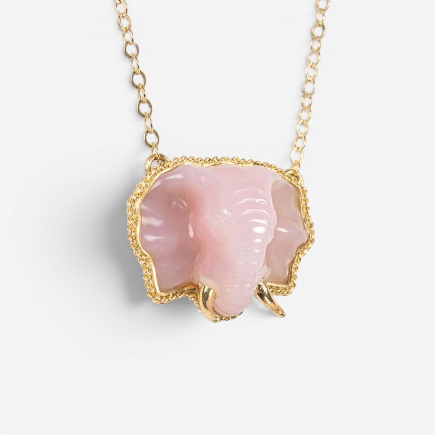 Amáli One of a Kind 18K Yellow Gold Pink Opal Elephant Pendant Necklace N-3437