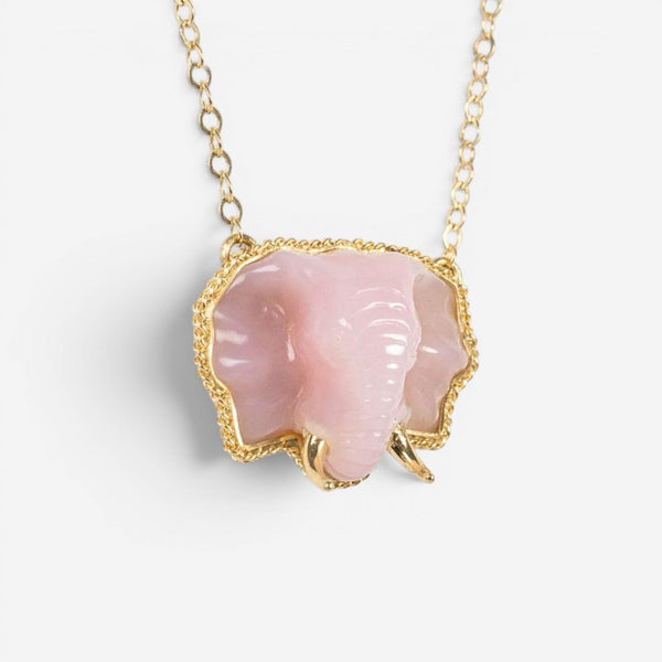 Amáli One of a Kind 18K Yellow Gold Pink Opal Elephant Pendant Necklace N-3437
