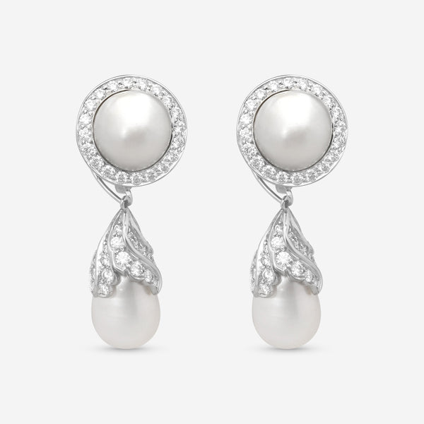 Goshwara G-One Platinum 18K Yellow Gold Natural Pearl & Diamond Drop Earrings WG