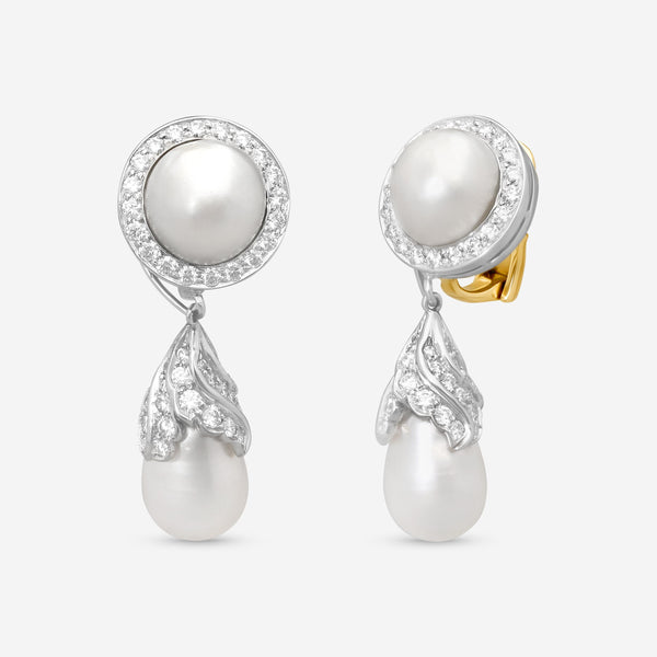 Goshwara G-One Platinum 18K Yellow Gold Natural Pearl & Diamond Drop Earrings WG