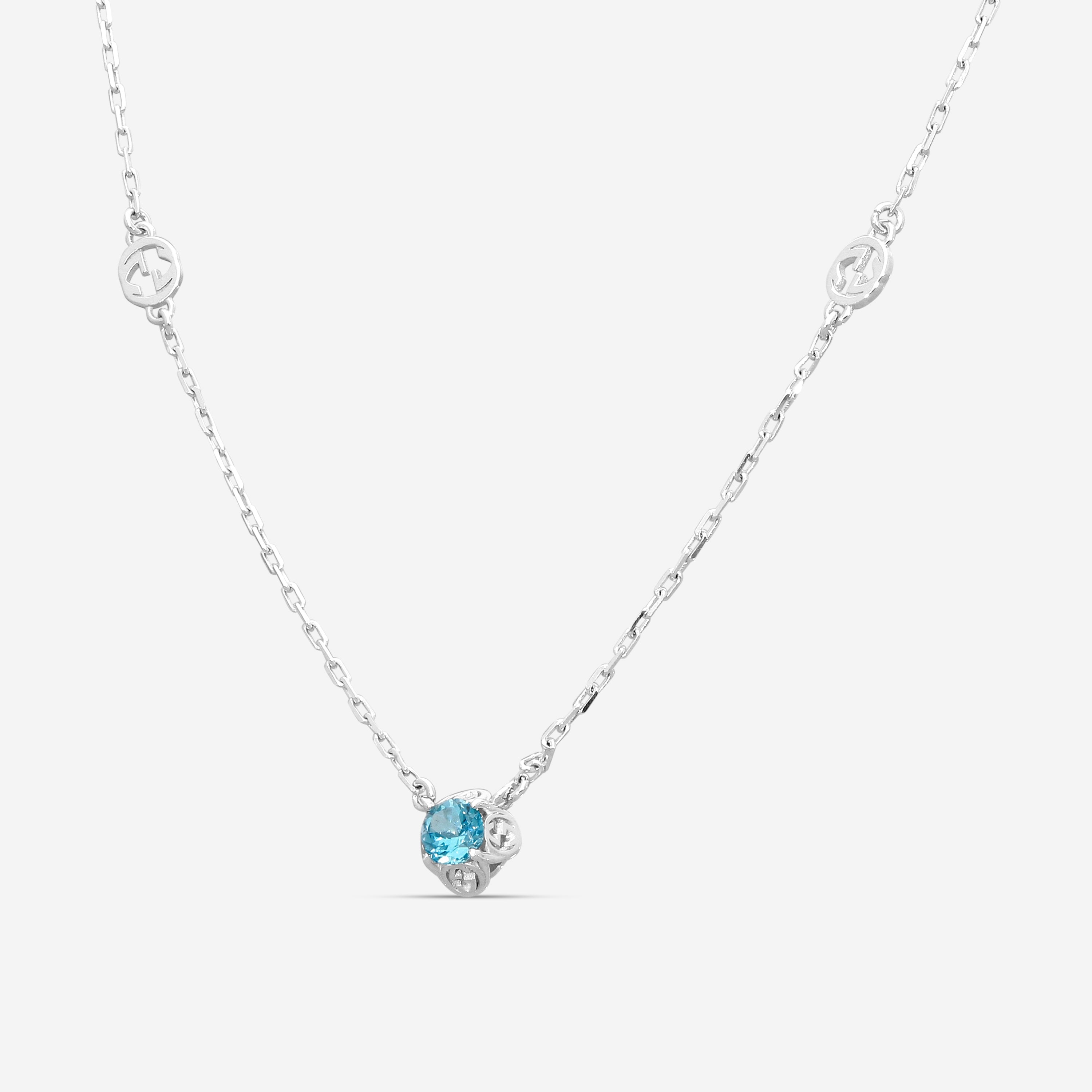 GUCCI Interlocking G Motif 18kt White Gold with Blue Topaz Necklace YBB662429002 MSRP $2480 - THE SOLIST