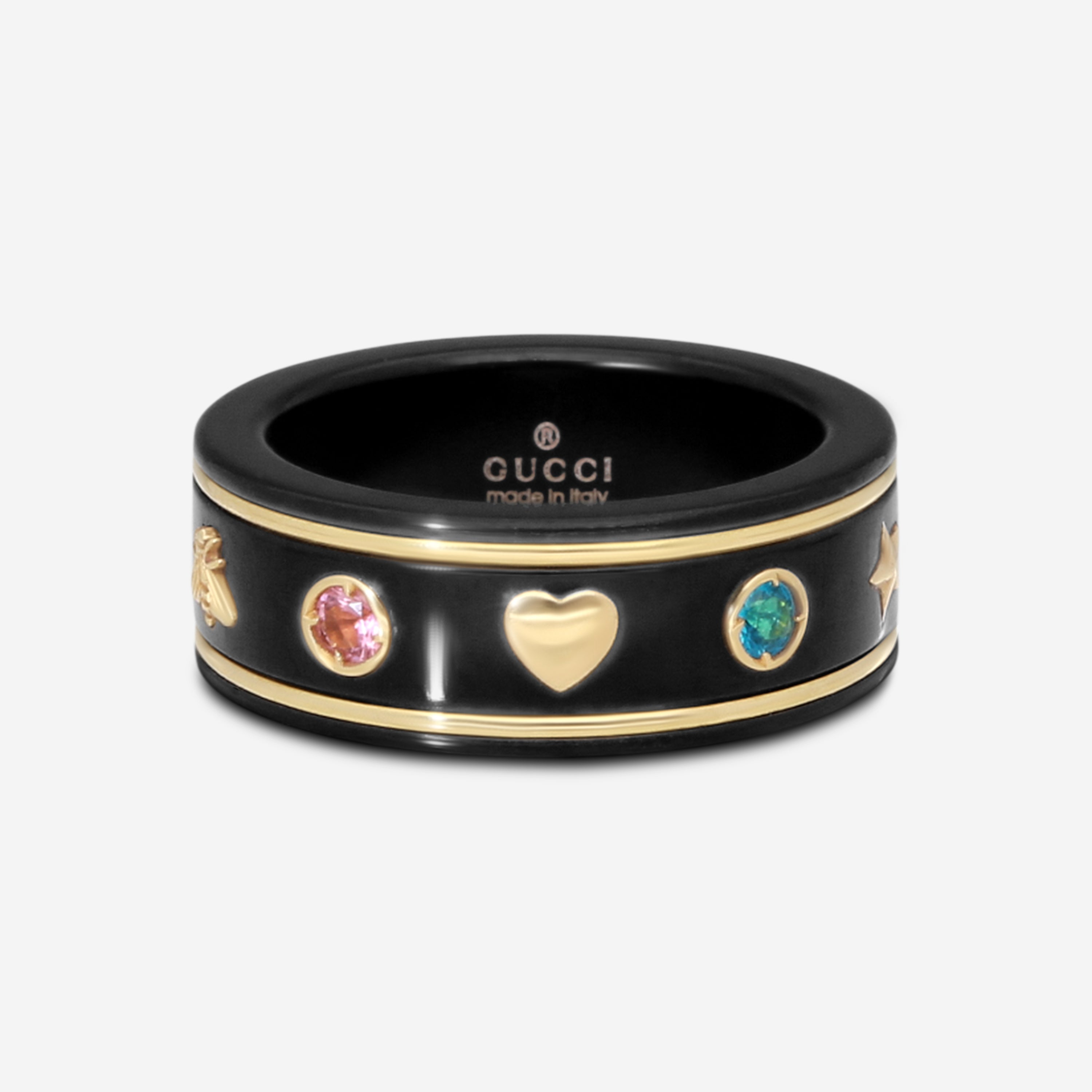 GUCCI Icon Thin Band 18kt Yellow Gold, Black Synthetic Corundum and Topaz Ring YBC527095002009 MSRP $1,070 - THE SOLIST