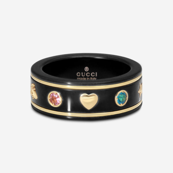 GUCCI Icon Thin Band 18kt Yellow Gold, Black Synthetic Corundum and Topaz Ring YBC527095002009 MSRP $1,070 - THE SOLIST