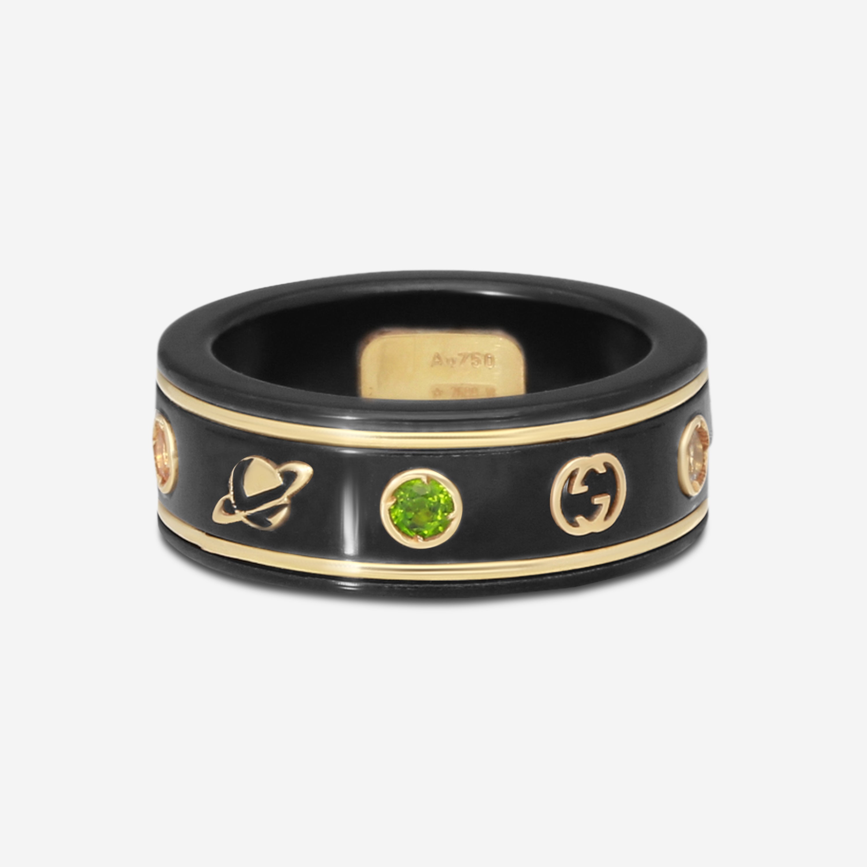 GUCCI Icon Thin Band 18kt Yellow Gold, Black Synthetic Corundum and Topaz Ring YBC527095002009 MSRP $1,070 - THE SOLIST