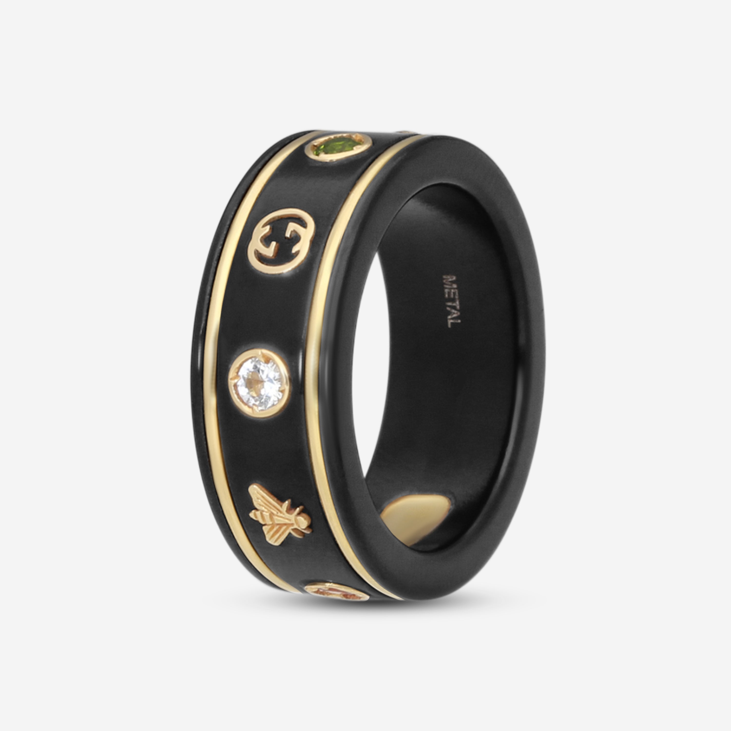 GUCCI Icon Thin Band 18kt Yellow Gold, Black Synthetic Corundum and Topaz Ring YBC527095002009 MSRP $1,070 - THE SOLIST