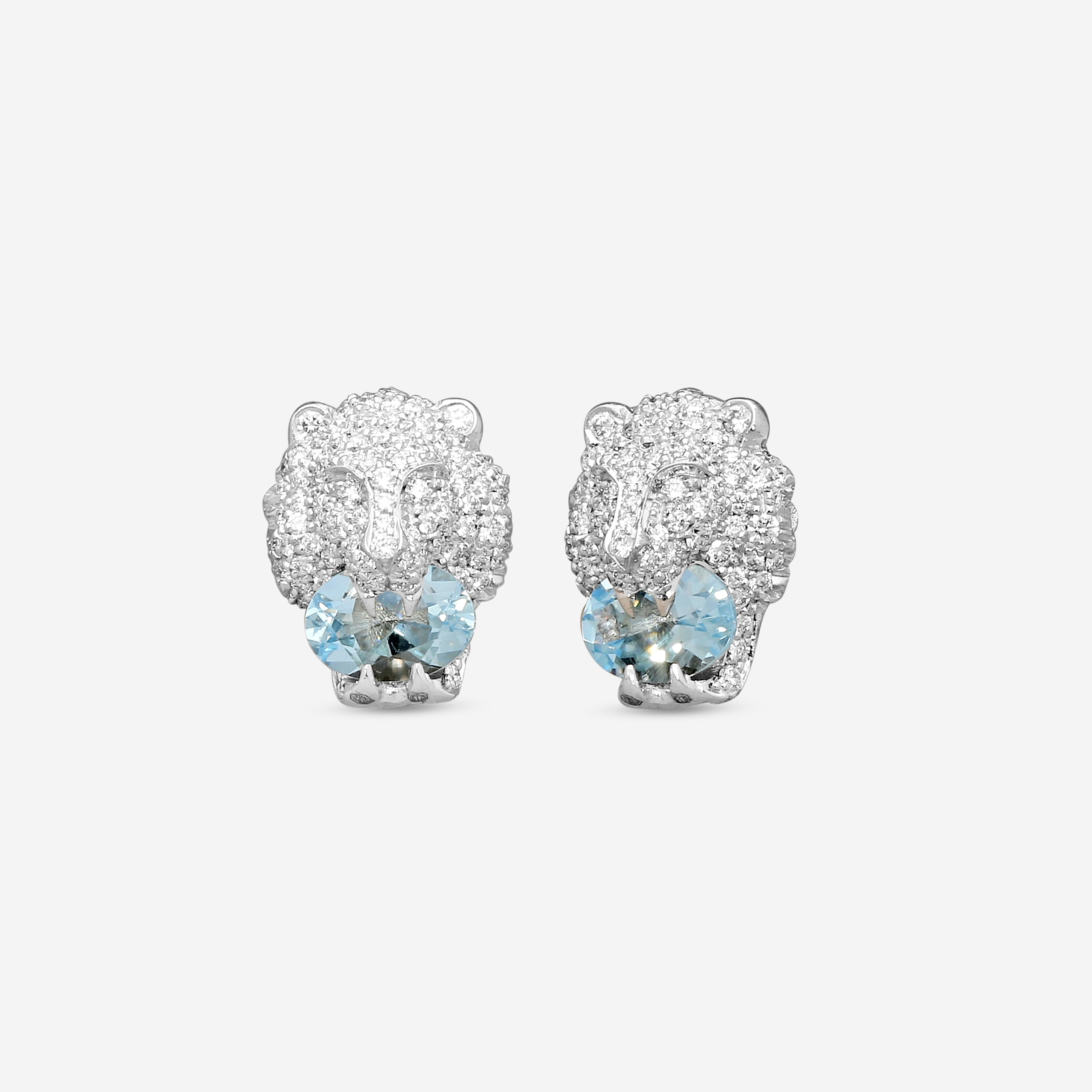 Lion Head 18K White Gold Aquamarine Diamond Earrings YBD60986800200U