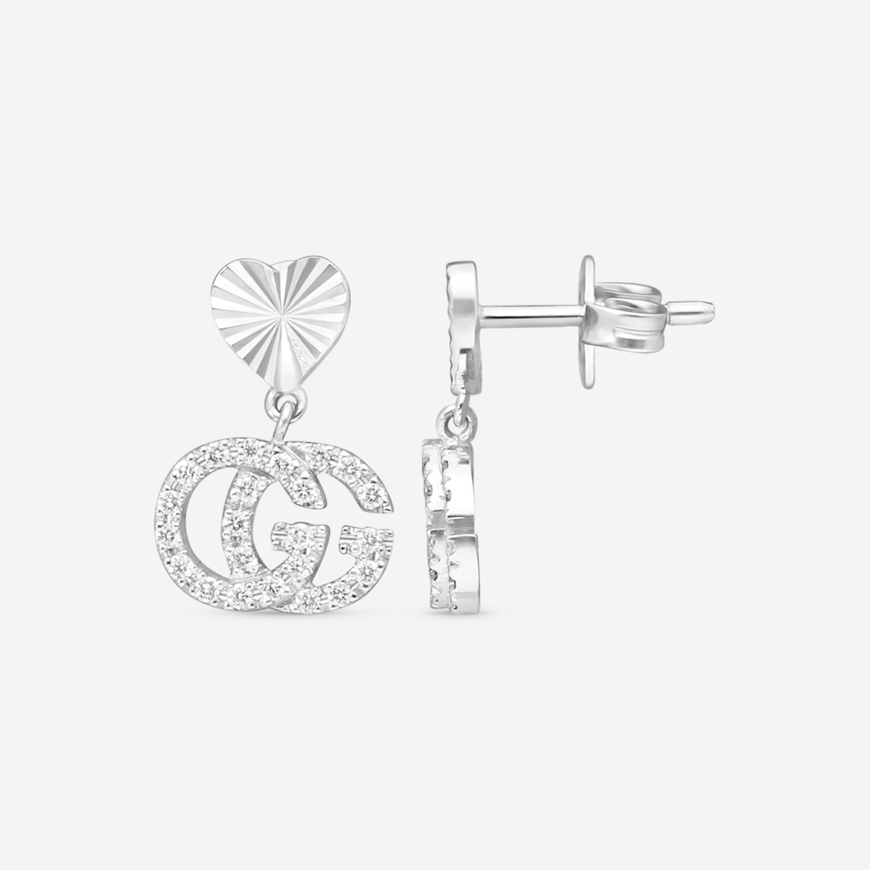 Gucci 18K White Gold with Diamonds Double G Heart Earrings YBD64860200100U MSRP $2,600 - THE SOLIST