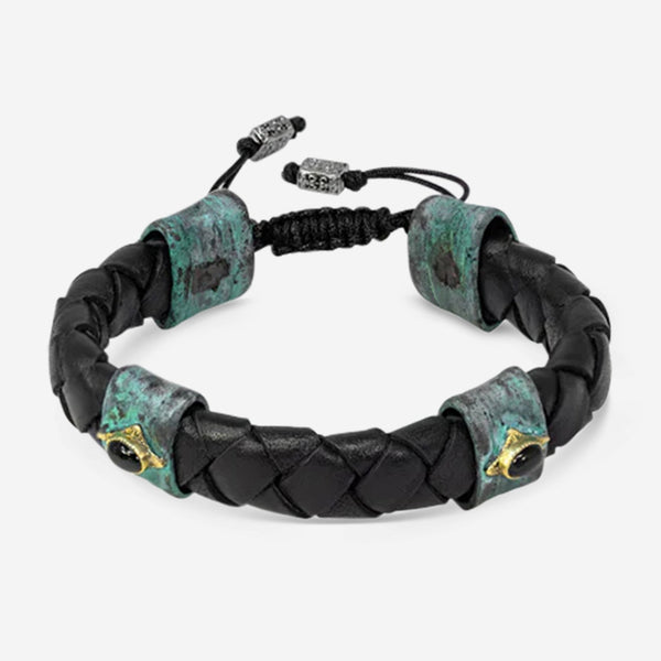 Armenta 18K Yellow Gold, Grey Sterling Silver & Artifact Black Leather Bracelet With Teal Patina 21231 - THE SOLIST - Armenta