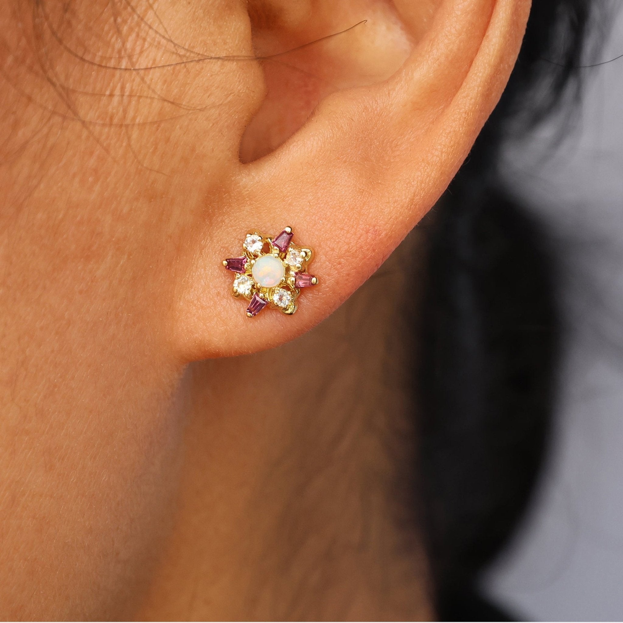 Armenta 18K Yellow Gold Morganite, Opal & Garnet Stud Earrings 3mm 19985 - THE SOLIST - Armenta